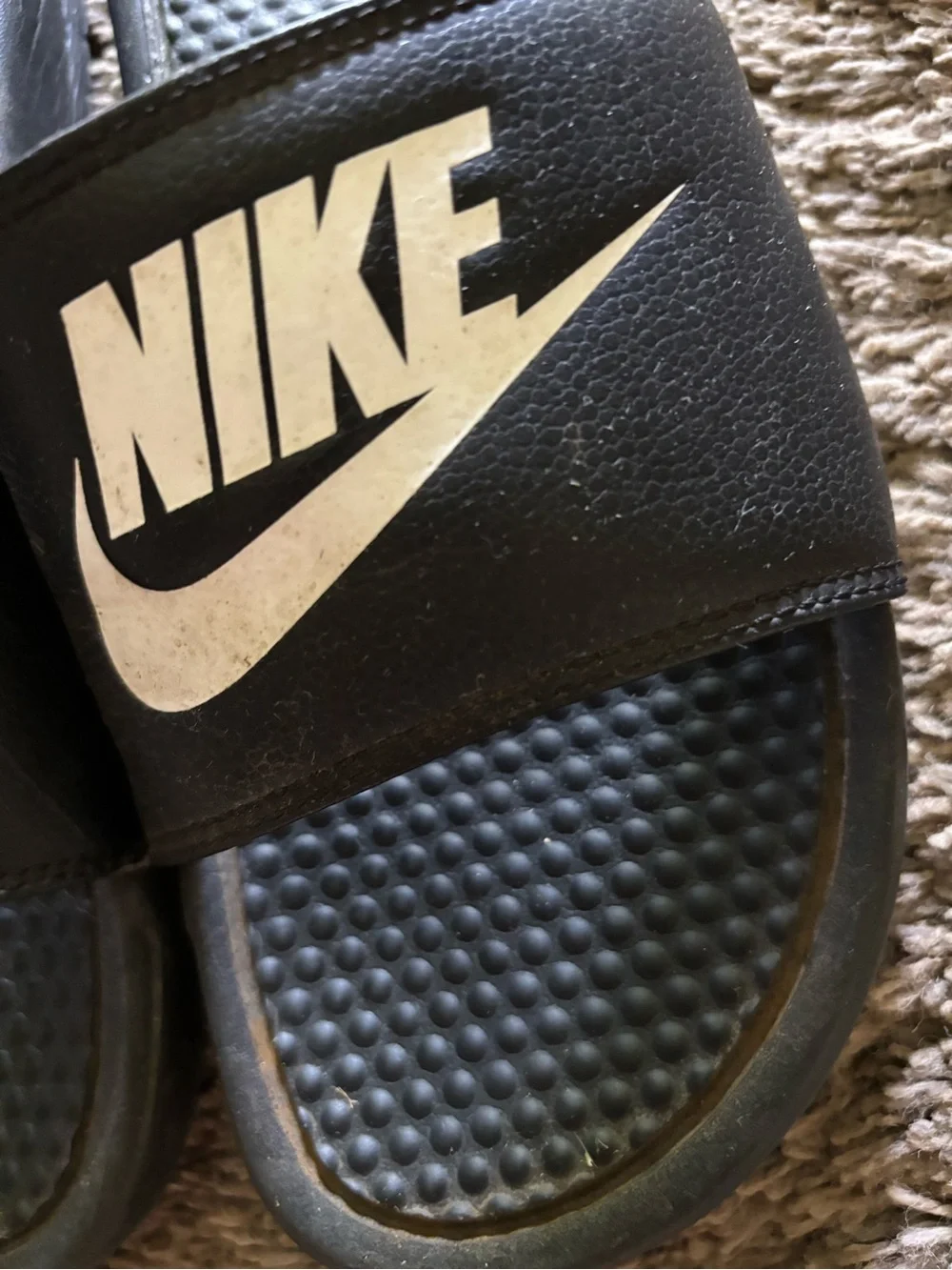 Nike' Black Slide Sandals with White Logo, shoes